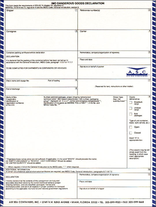 a sample of dangerous goods declaration in sea freight