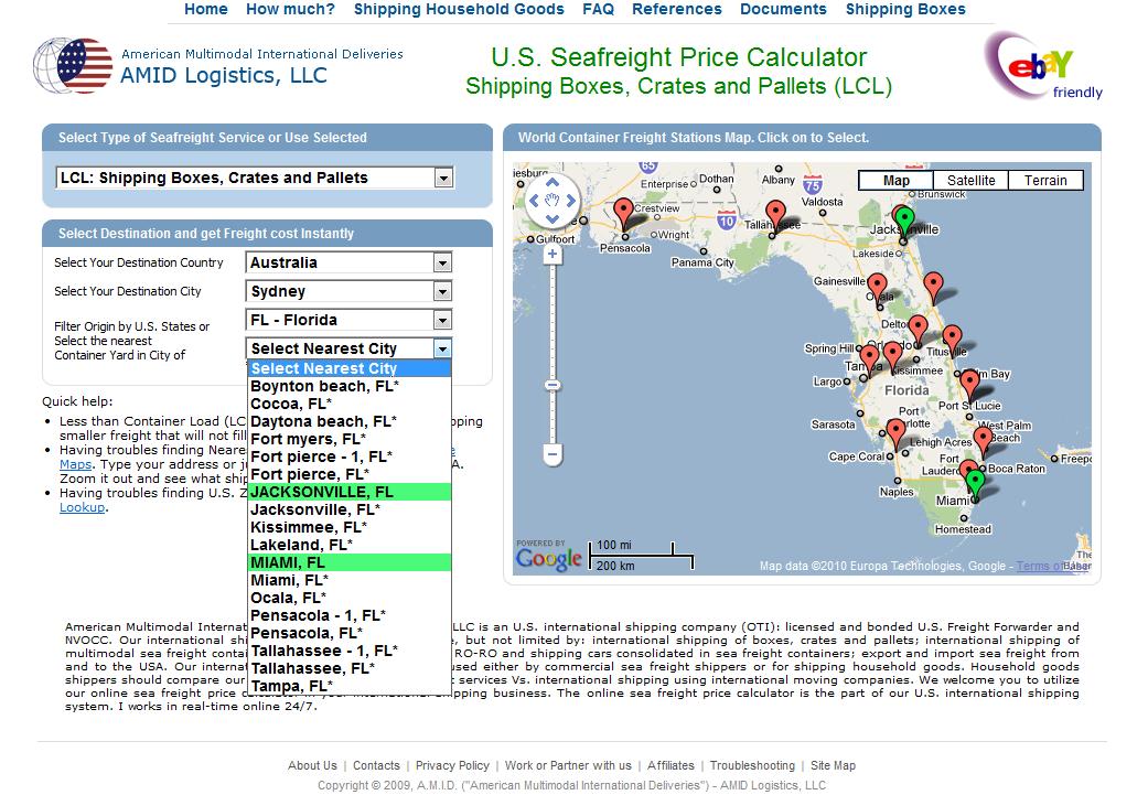 US Seafreight Price Calculator for international shipping of LCL