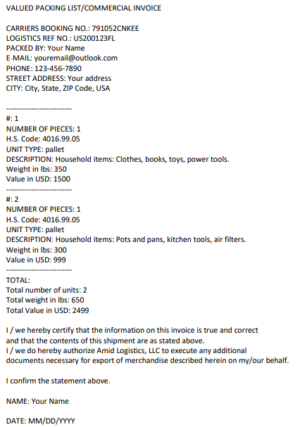 VALUED PACKING LIST