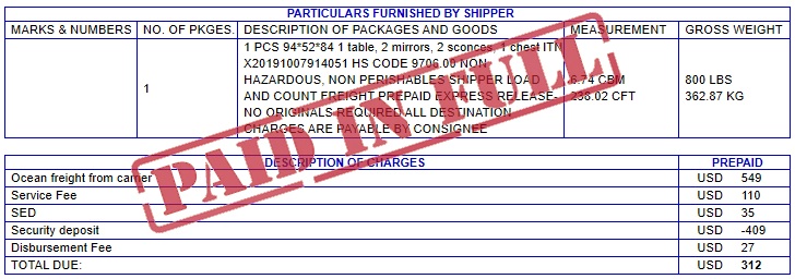 Freight forwarder fee